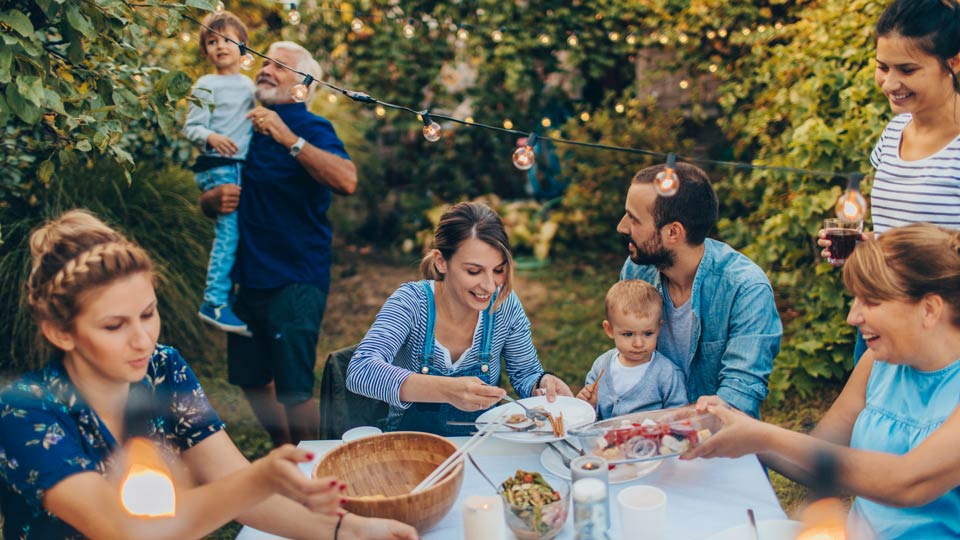 family eating on a patio
