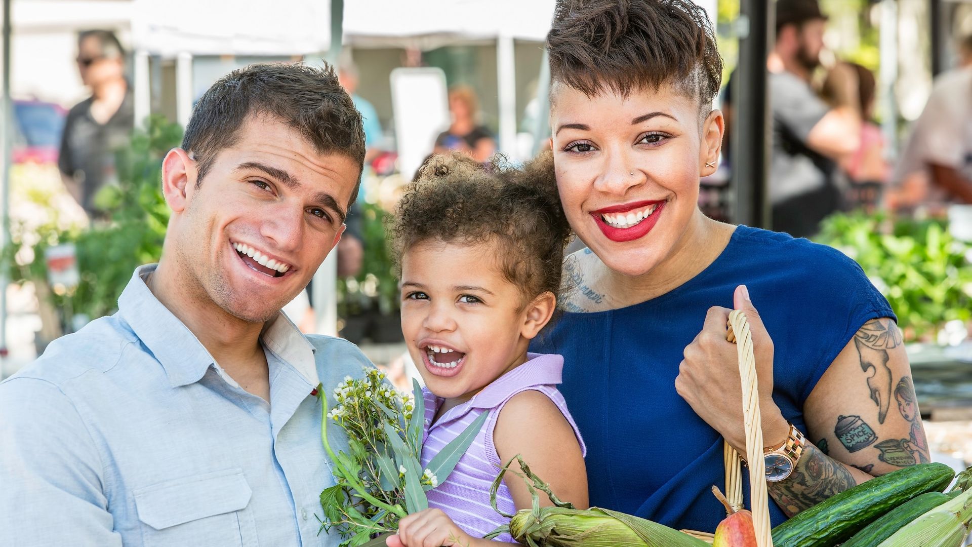 family at a farmers market