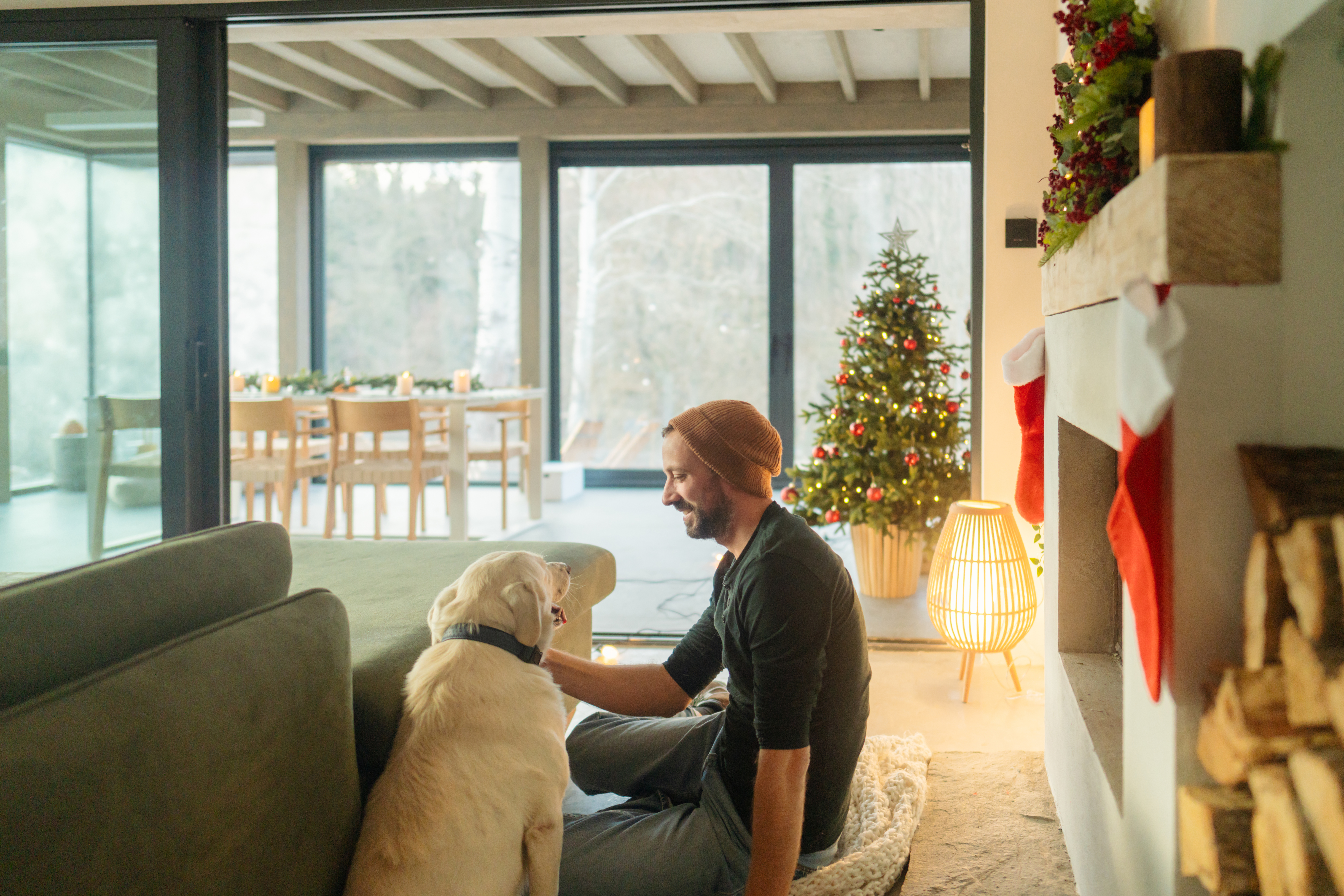 a man sits in front of a Christmas tree and stockings while petting a Labrador 